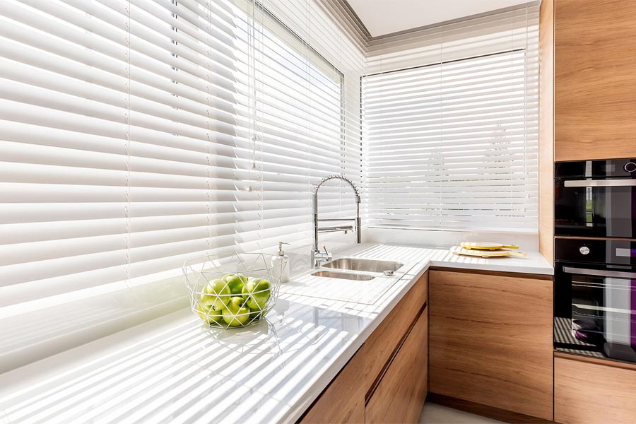blinds closed on large windows over kitchen bedford hills ny